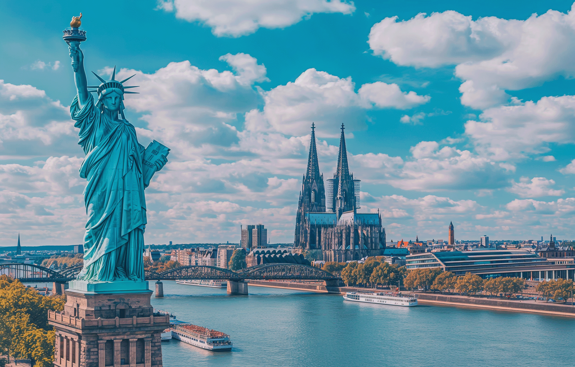 Auf der einen Seite steht die Freiheitsstatue am Ufer, davor der Kölner Dom und dahinter sieht man einen blauen Himmel mit weißen Wolken, und darunter liegt der Rhein. Das Foto wurde von oben aufgenommen. Es ist ein sonniger Tag mit warmem Licht.